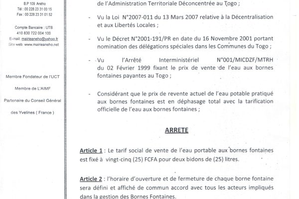 Arrêté municipal de la commune d'Aného concernant le tarif de l'eau aux bornes fontaines